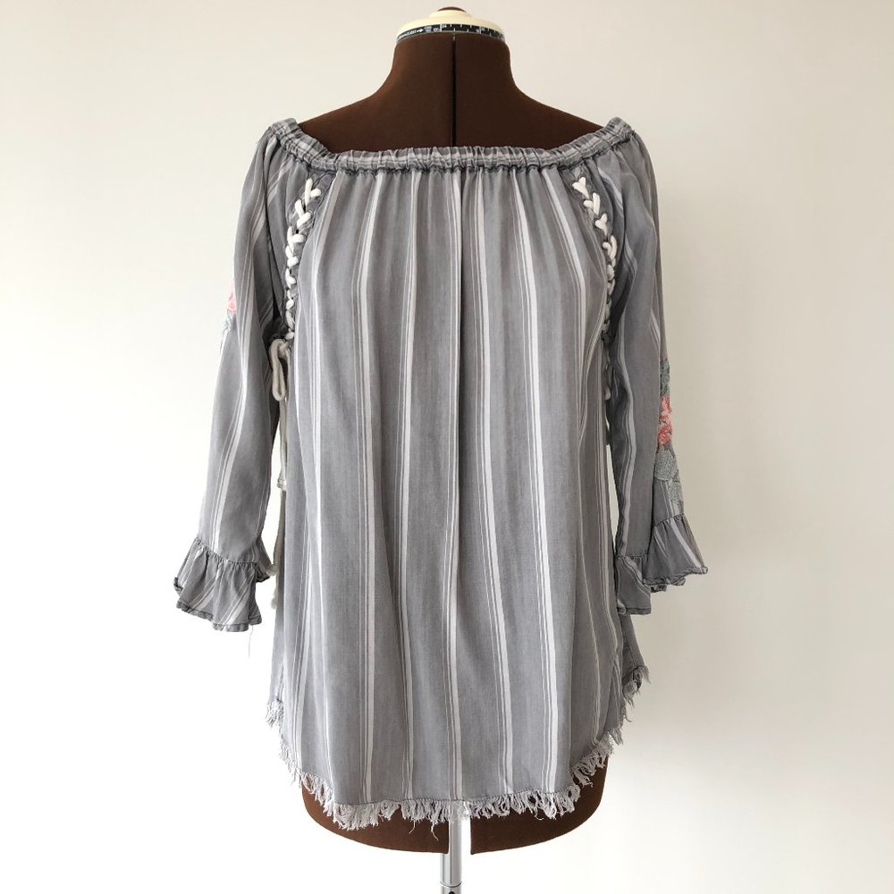 Grey Striped Off Shoulder Top with Embroidered Sleeves
